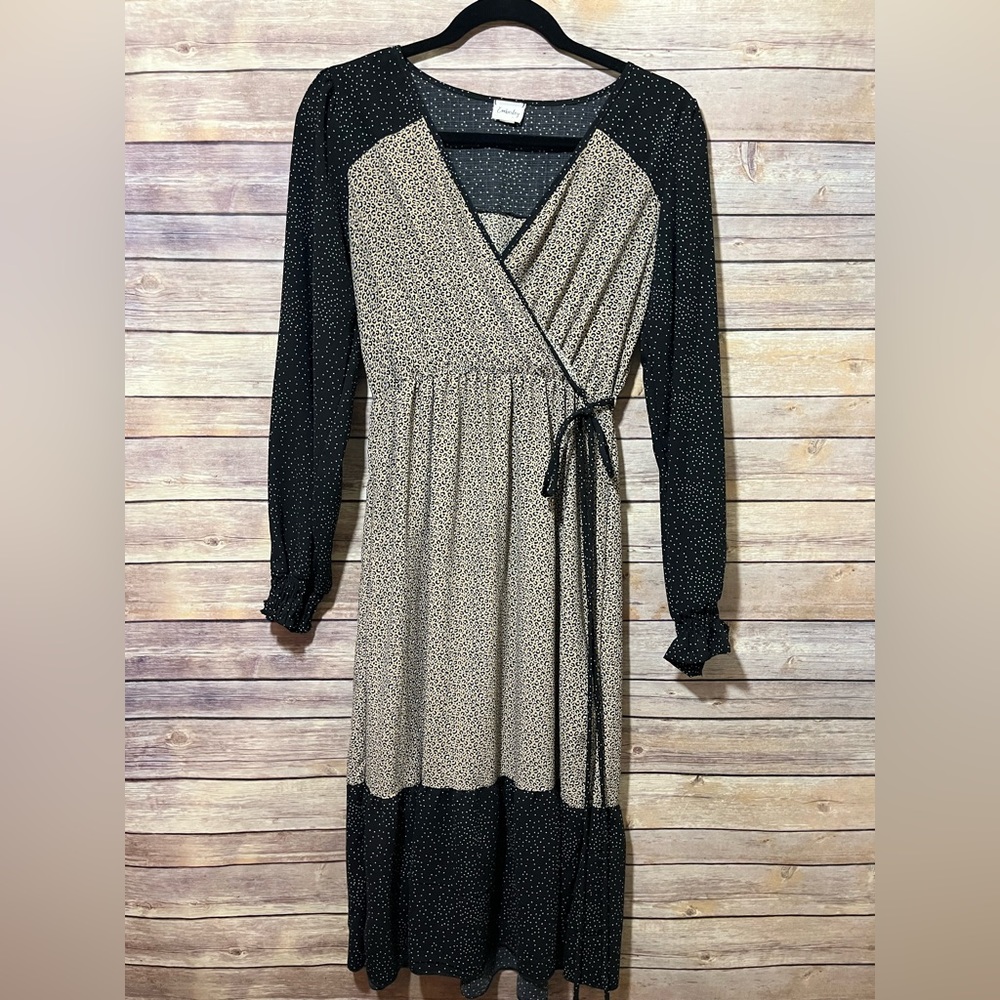 ⭐️ Emberley Leopard Faux Wrap Midi Dress Size XS Black Brown Animal Print G2